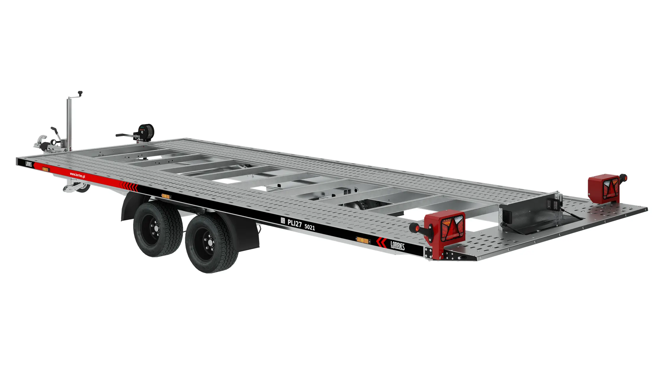 Laweta PLI27-5021 to dwuosiowa przyczepa samochodowa z platformą ładunkową, z elementami wykończenia w kolorze czarnym i czerwonym, solidną metalową ramą oraz rampami załadunkowymi — zaprojektowana z myślą o bezpiecznym i wydajnym transporcie pojazdów. Laweta PLI27-5021 to dwuosiowa przyczepa samochodowa z platformą ładunkową, z elementami wykończenia w kolorze czarnym i czerwonym, solidną metalową ramą oraz rampami załadunkowymi — zaprojektowana z myślą o bezpiecznym i wydajnym transporcie pojazdów.
