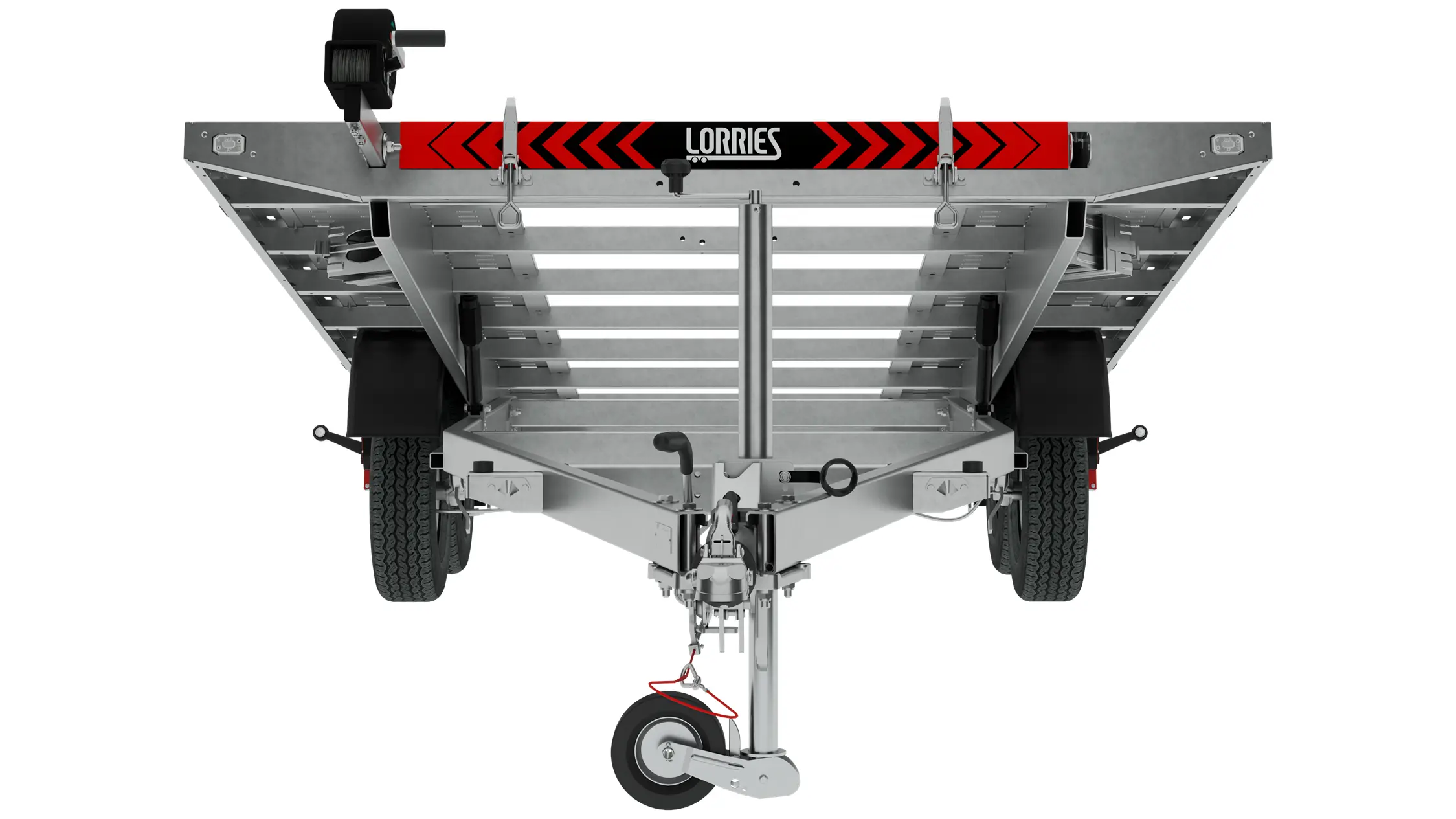 Auf dem Bild ist ein metallanhänger Laweta PLI35-5521 von hinten zu sehen, ausgestattet mit einem vorderen Stützrad, zwei schwarzen Reifen, roten reflektierenden Markierungen und dem Lorries-Logo auf einem schwarzen Panel. Dieses Modell verfügt über integrierte Rampen, die zusätzlichen Komfort bieten und das Beladen erleichtern.