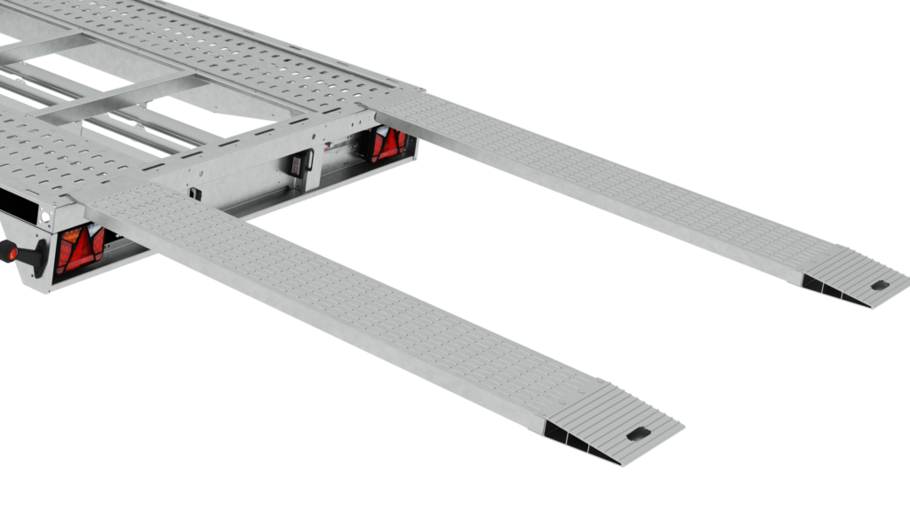 Laweta PL27-5021 est un pont élévateur de voiture en métal argenté avec deux longues rampes texturées et des accents rouges et noirs aux extrémités, conçu pour que les véhicules montent pour l'entretien ou le stationnement, à l'instar d'une dépanneuse stationnaire.