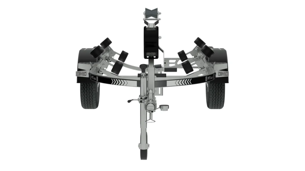 View from the front of the metal trailer for water scooters PP75-4816 R/O with adjustable rollers and a front hook for a winch.