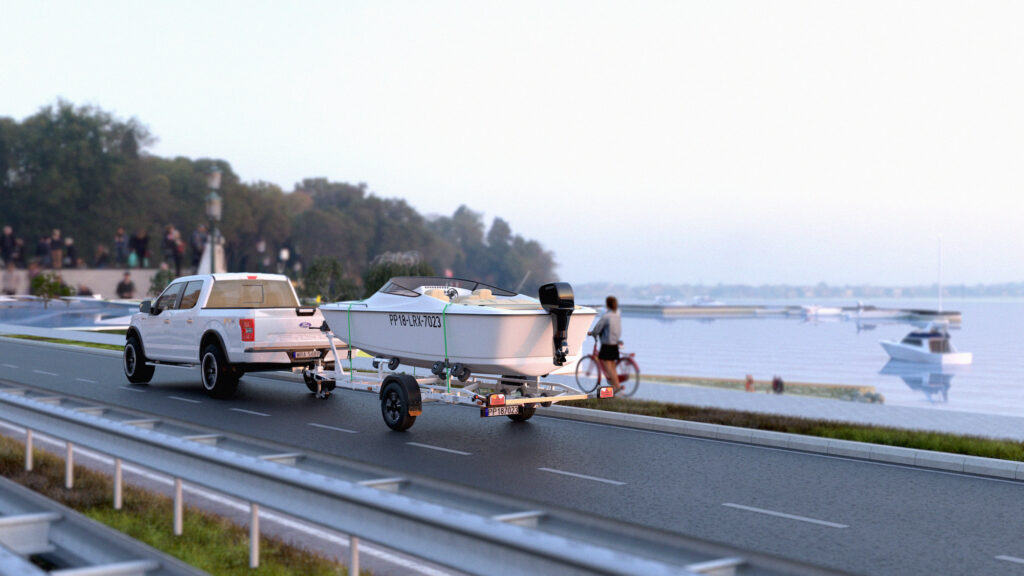 moderner weißer Anhänger zum Transport von Booten, Booten und Yachten