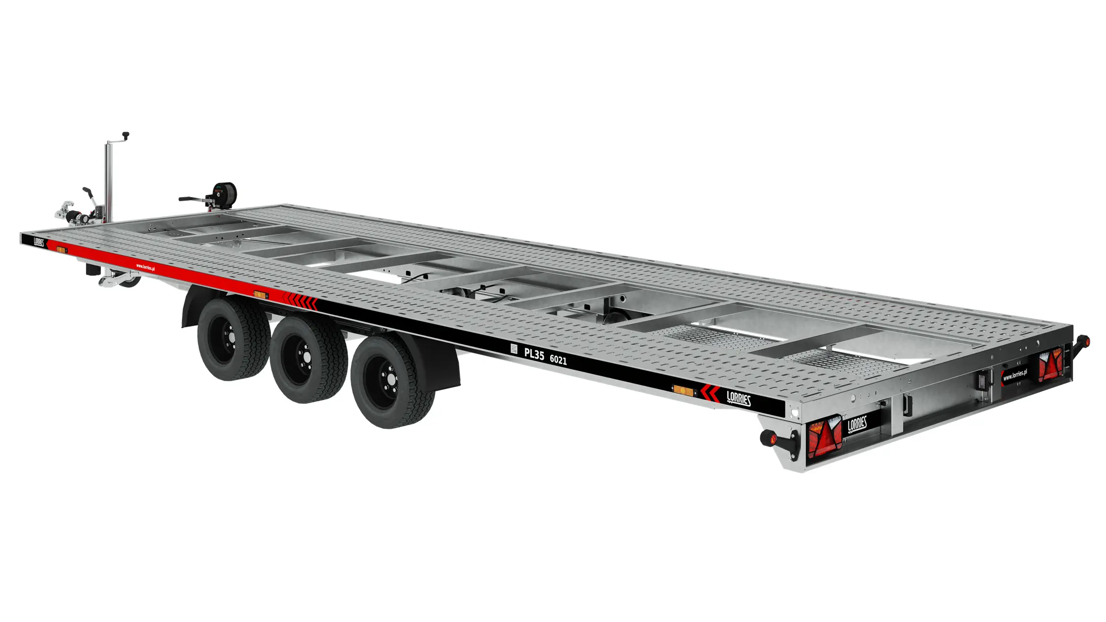 Laweta PL35-6021 to aluminiowa przyczepa płaska z podwójną osią i czarnymi kołami, przeznaczona do transportu pojazdów. Zainspirowana solidnym stylem Lawety Trzyosiowej, posiada perforowany pokład, oznaczenia bezpieczeństwa i przedni zaczep holowniczy. Laweta PL35-6021 to aluminiowa przyczepa płaska z podwójną osią i czarnymi kołami, przeznaczona do transportu pojazdów. Zainspirowana solidnym stylem Lawety Trzyosiowej, posiada perforowany pokład, oznaczenia bezpieczeństwa i przedni zaczep holowniczy.