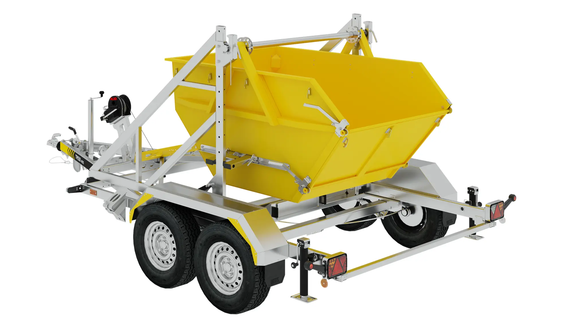 Żółty kontener typu skip zamontowany na białej dwuosiowej przyczepie kablowej TPB30-4925, wyposażonej w mechanizmy do załadunku i rozładunku. Żółty kontener typu skip zamontowany na białej dwuosiowej przyczepie kablowej TPB30-4925, wyposażonej w mechanizmy do załadunku i rozładunku.