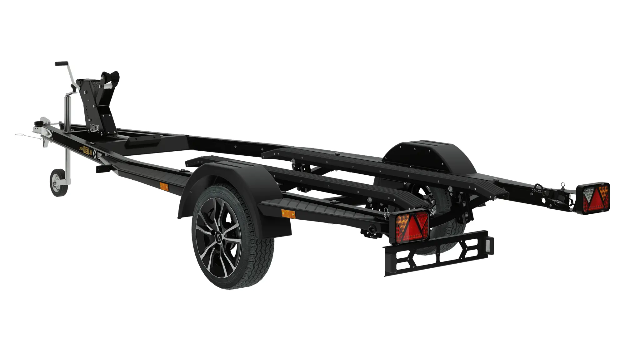 El remolque PPA75-4816 SELECT LINE es un remolque negro para embarcaciones de un solo eje con llantas de aluminio, guardabarros negros, pilotos rojos y un cabrestante manual delantero. Está inclinado para facilitar la carga y el transporte de embarcaciones pequeñas o motos acuáticas. El remolque PPA75-4816 SELECT LINE es un remolque negro para embarcaciones de un solo eje con llantas de aluminio, guardabarros negros, pilotos rojos y un cabrestante manual delantero. Está inclinado para facilitar la carga y el transporte de embarcaciones pequeñas o motos acuáticas.