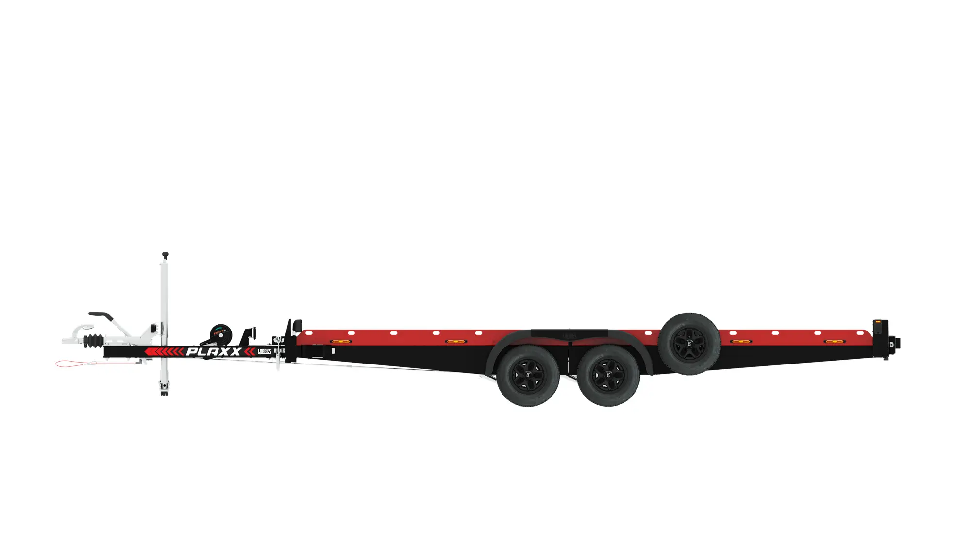 Aluminiowa laweta PLAXX27-4520 to czerwono-czarna naczepa użytkowa z podwójną osią i czterema czarnymi kołami, przedstawiona z profilu bocznego na białym tle. Aluminiowa laweta PLAXX27-4520 to czerwono-czarna naczepa użytkowa z podwójną osią i czterema czarnymi kołami, przedstawiona z profilu bocznego na białym tle.