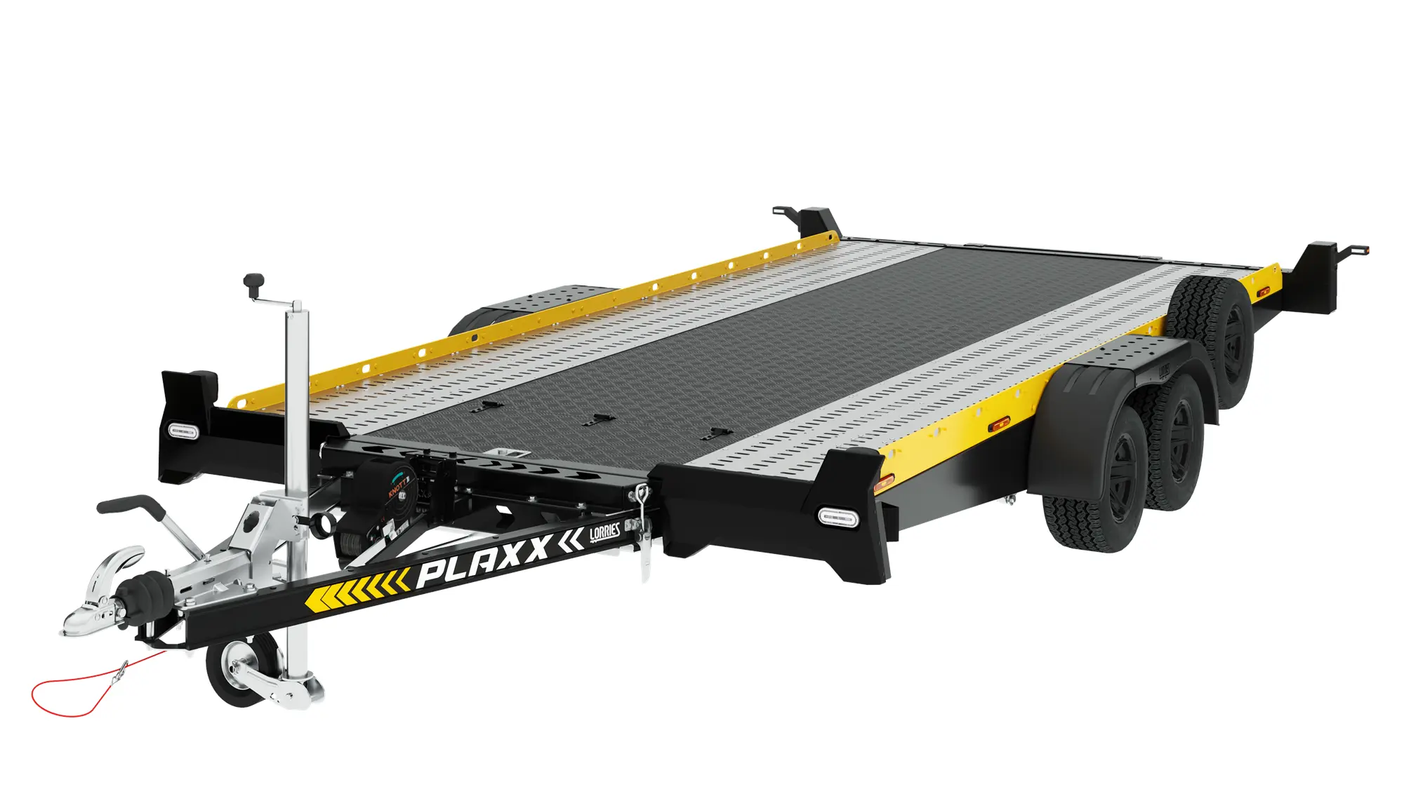 Aluminiowa laweta PLAXX27-4520 to płaska przyczepa użytkowa z czarno-żółtą ramą, podwójnymi osiami, perforowaną rampą załadunkową i przednim zaczepem - idealna do transportu pojazdów. Aluminiowa laweta PLAXX27-4520 to płaska przyczepa użytkowa z czarno-żółtą ramą, podwójnymi osiami, perforowaną rampą załadunkową i przednim zaczepem - idealna do transportu pojazdów.