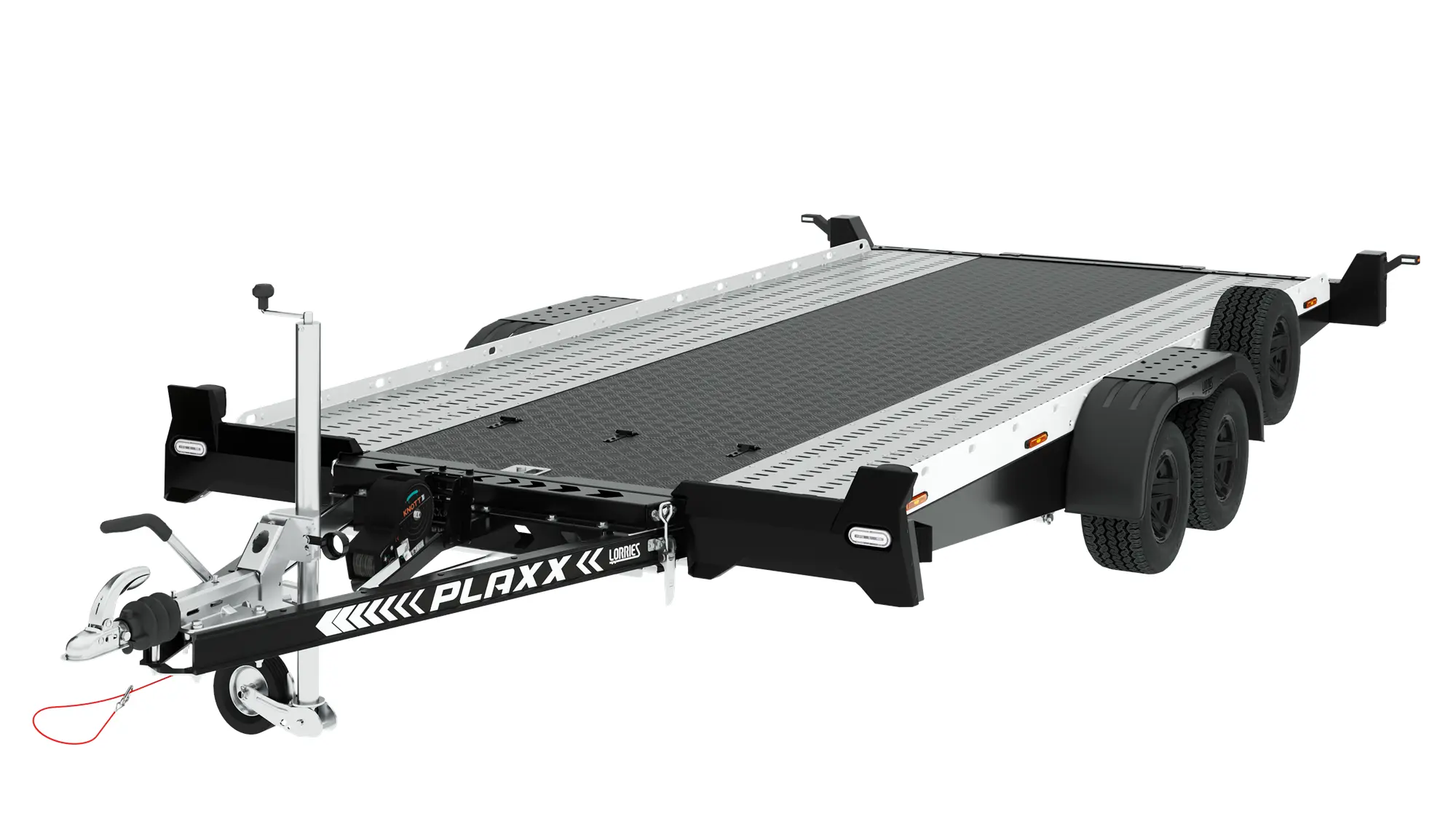 Aluminiowa laweta PLAXX27-4520 to czarno-srebrna przyczepa samochodowa z podwójną osią, czterema kołami, teksturowaną powierzchnią ładunkową, zaczepem z uchwytem i logo PLAXX na ramie. Aluminiowa laweta PLAXX27-4520 to czarno-srebrna przyczepa samochodowa z podwójną osią, czterema kołami, teksturowaną powierzchnią ładunkową, zaczepem z uchwytem i logo PLAXX na ramie.