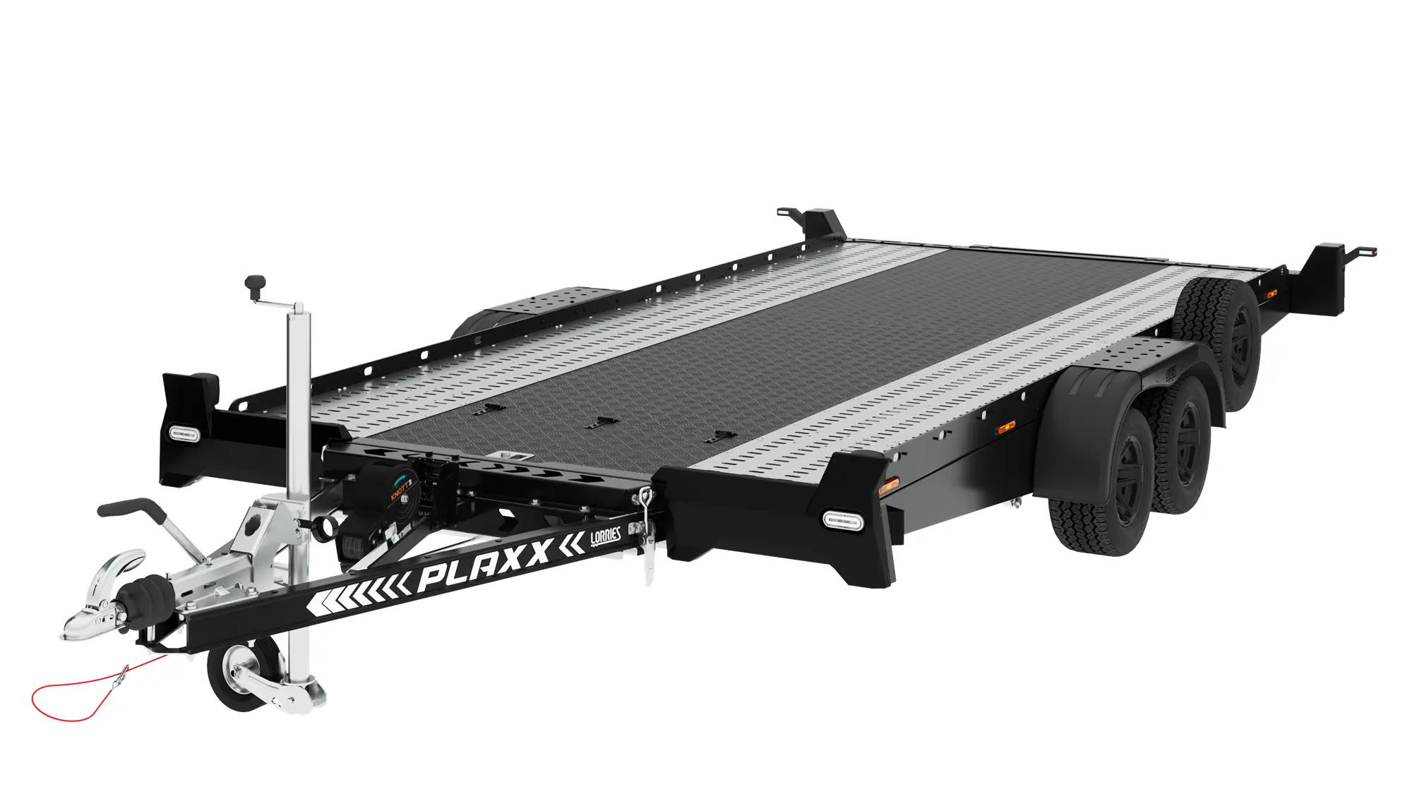 Aluminiowa laweta PLAXX27-4520 to czarno-srebrna dwuosiowa przyczepa samochodowa z hakiem holowniczym, bocznymi reflektorami, teksturowaną platformą ładunkową i logo PLAXX z przodu. Aluminiowa laweta PLAXX27-4520 to czarno-srebrna dwuosiowa przyczepa samochodowa z hakiem holowniczym, bocznymi reflektorami, teksturowaną platformą ładunkową i logo PLAXX z przodu.