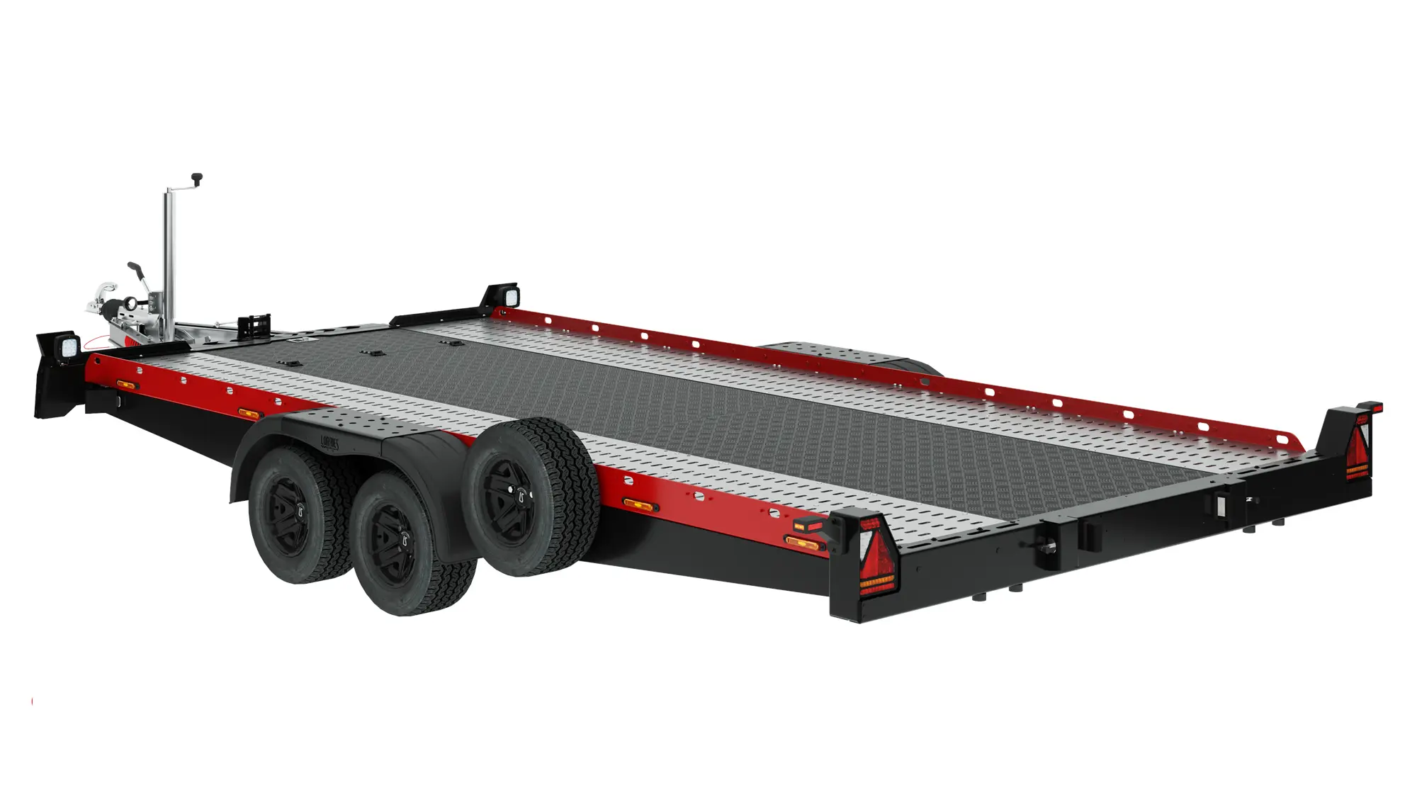 Aluminiowa laweta PLAXX27-4520 to dwuosiowa, płaska przyczepa użytkowa z czarnymi kołami, bocznymi relingami, tylnymi światłami i przednim zaczepem - idealna jako przyczepa aluminiowa do transportu pojazdów. Aluminiowa laweta PLAXX27-4520 to dwuosiowa, płaska przyczepa użytkowa z czarnymi kołami, bocznymi relingami, tylnymi światłami i przednim zaczepem - idealna jako przyczepa aluminiowa do transportu pojazdów.