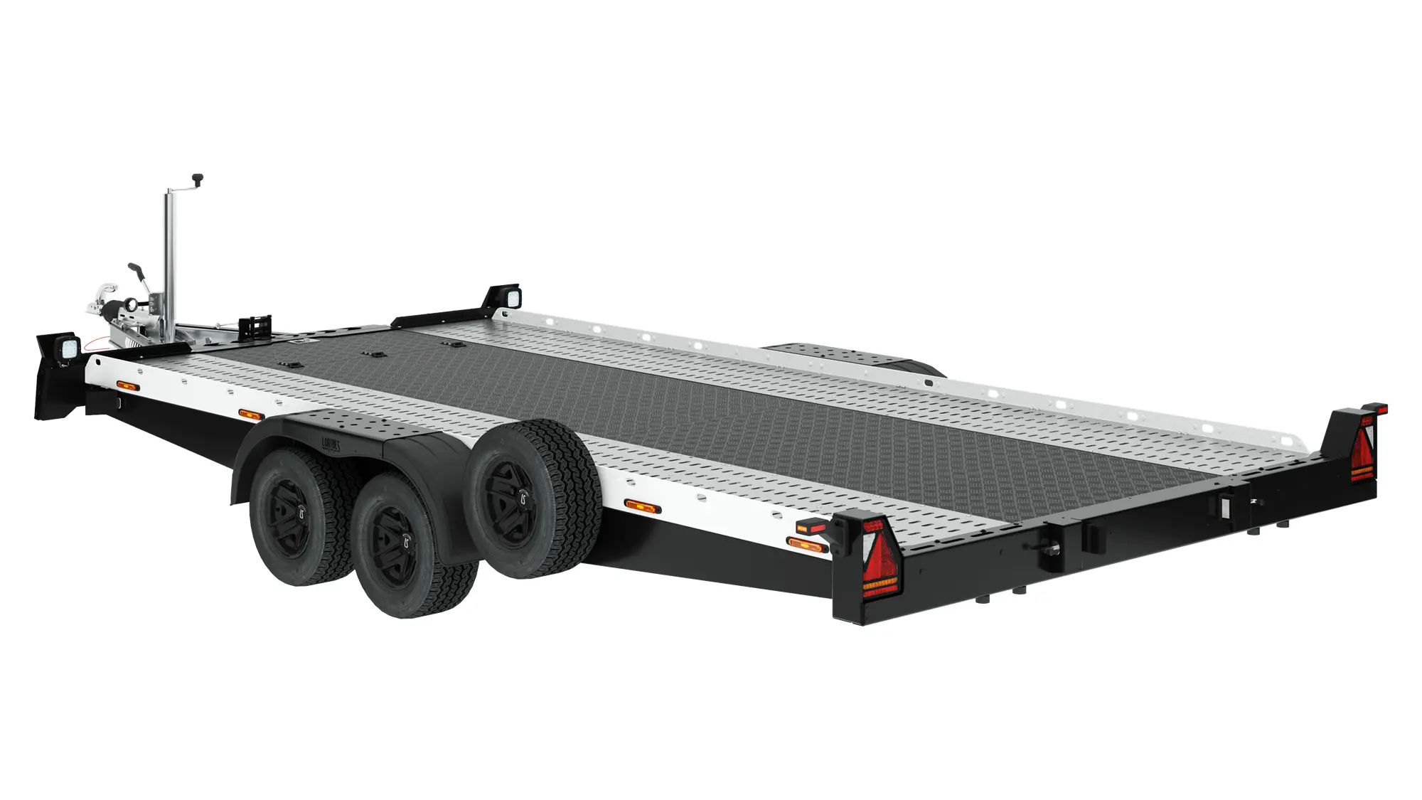 Aluminiowa laweta PLAXX27-4520 charakteryzuje się niską, szeroką, czarną konstrukcją z podwójną osią, czterema kołami, czarno-srebrnym płaskim pokładem, tylnymi rampami załadunkowymi i przednim zaczepem - idealna jako przyczepa aluminiowa do transportu pojazdów. Aluminiowa laweta PLAXX27-4520 charakteryzuje się niską, szeroką, czarną konstrukcją z podwójną osią, czterema kołami, czarno-srebrnym płaskim pokładem, tylnymi rampami załadunkowymi i przednim zaczepem - idealna jako przyczepa aluminiowa do transportu pojazdów.