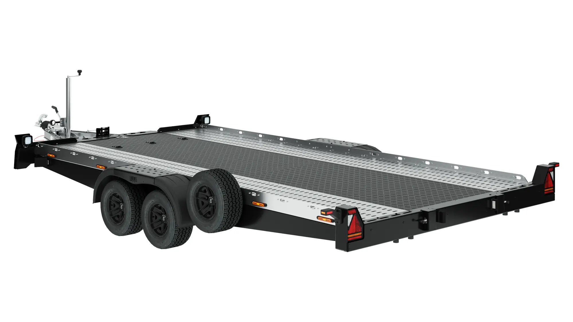 Aluminiowa laweta PLAXX27-4520 to czarno-srebrna przyczepa do przewozu samochodów z podwójną osią, czterema kołami, bocznymi reflektorami, perforowaną metalową powierzchnią ładunkową, przednim zaczepem i tylnymi czerwonymi trójkątnymi światłami. Aluminiowa laweta PLAXX27-4520 to czarno-srebrna przyczepa do przewozu samochodów z podwójną osią, czterema kołami, bocznymi reflektorami, perforowaną metalową powierzchnią ładunkową, przednim zaczepem i tylnymi czerwonymi trójkątnymi światłami.