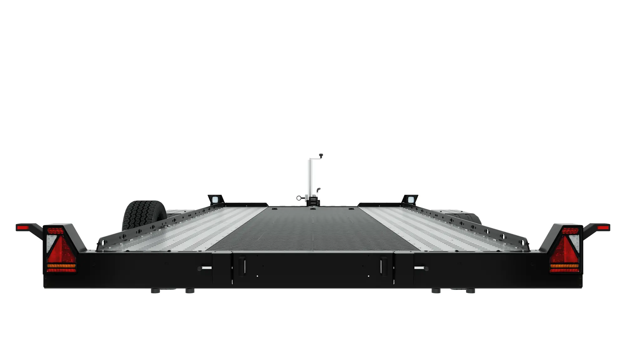 Aluminiowa laweta PLAXX27-4520 to płaska przyczepa samochodowa z metalowymi rampami, czarną ramą, bocznymi poręczami, tylnymi światłami i zamontowanym z boku zapasowym kołem - idealna jako aluminiowa przyczepa do transportu pojazdów. Przedstawiona na białym tle. Aluminiowa laweta PLAXX27-4520 to płaska przyczepa samochodowa z metalowymi rampami, czarną ramą, bocznymi poręczami, tylnymi światłami i zamontowanym z boku zapasowym kołem - idealna jako aluminiowa przyczepa do transportu pojazdów. Przedstawiona na białym tle.