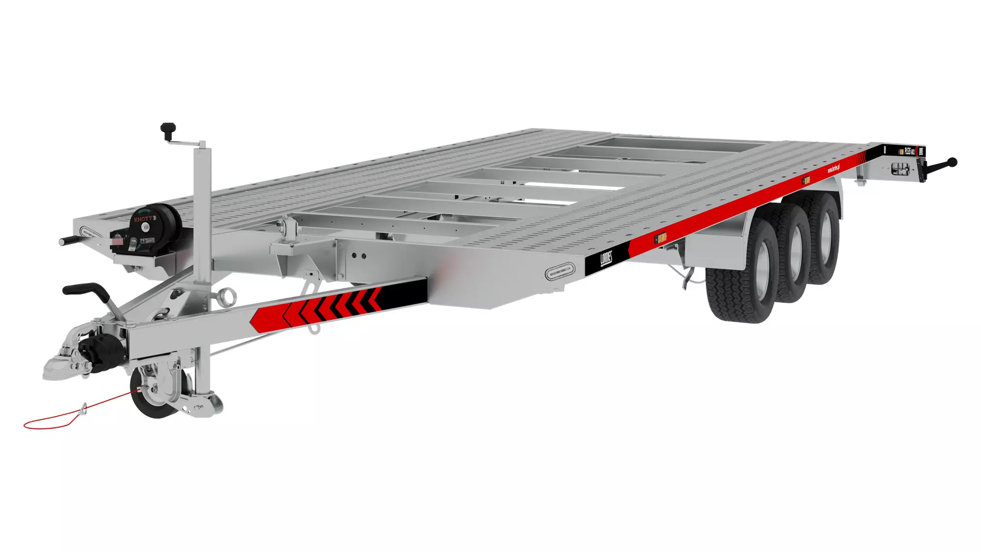 Der PLS35-6021-Anhänger hat einen silbernen Metall-Flachrahmen, zwei Achsen, vier schwarze Räder, eine manuelle Winde und rote und schwarze Sicherheitsgurte - ideal als zurückgesetzter Autoanhänger.