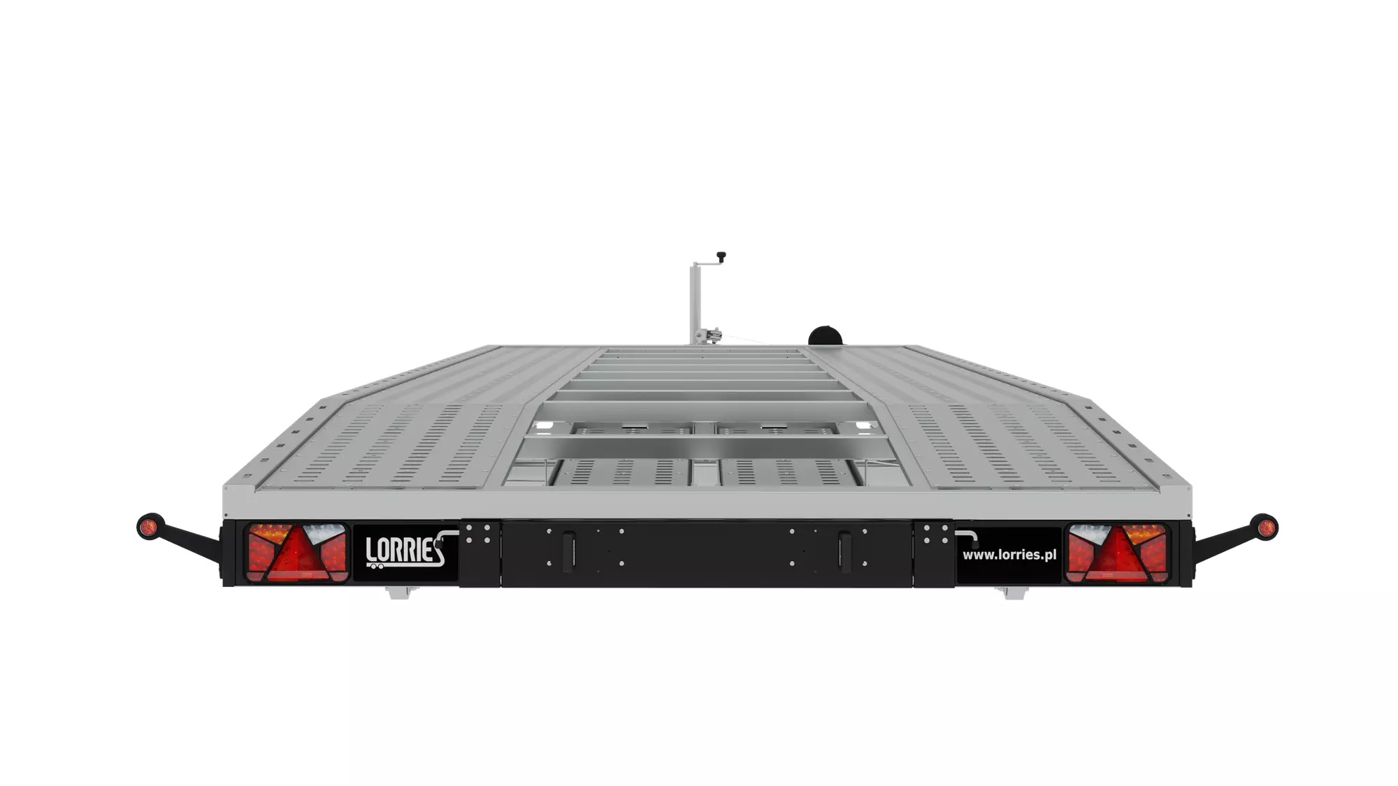 Laweta PLS35-6021 z obniżonym tyłem widziana od tyłu, z czerwonymi światłami, tablicą "Lorries" i perforowaną platformą, na białym tle. Laweta PLS35-6021 z obniżonym tyłem widziana od tyłu, z czerwonymi światłami, tablicą "Lorries" i perforowaną platformą, na białym tle.