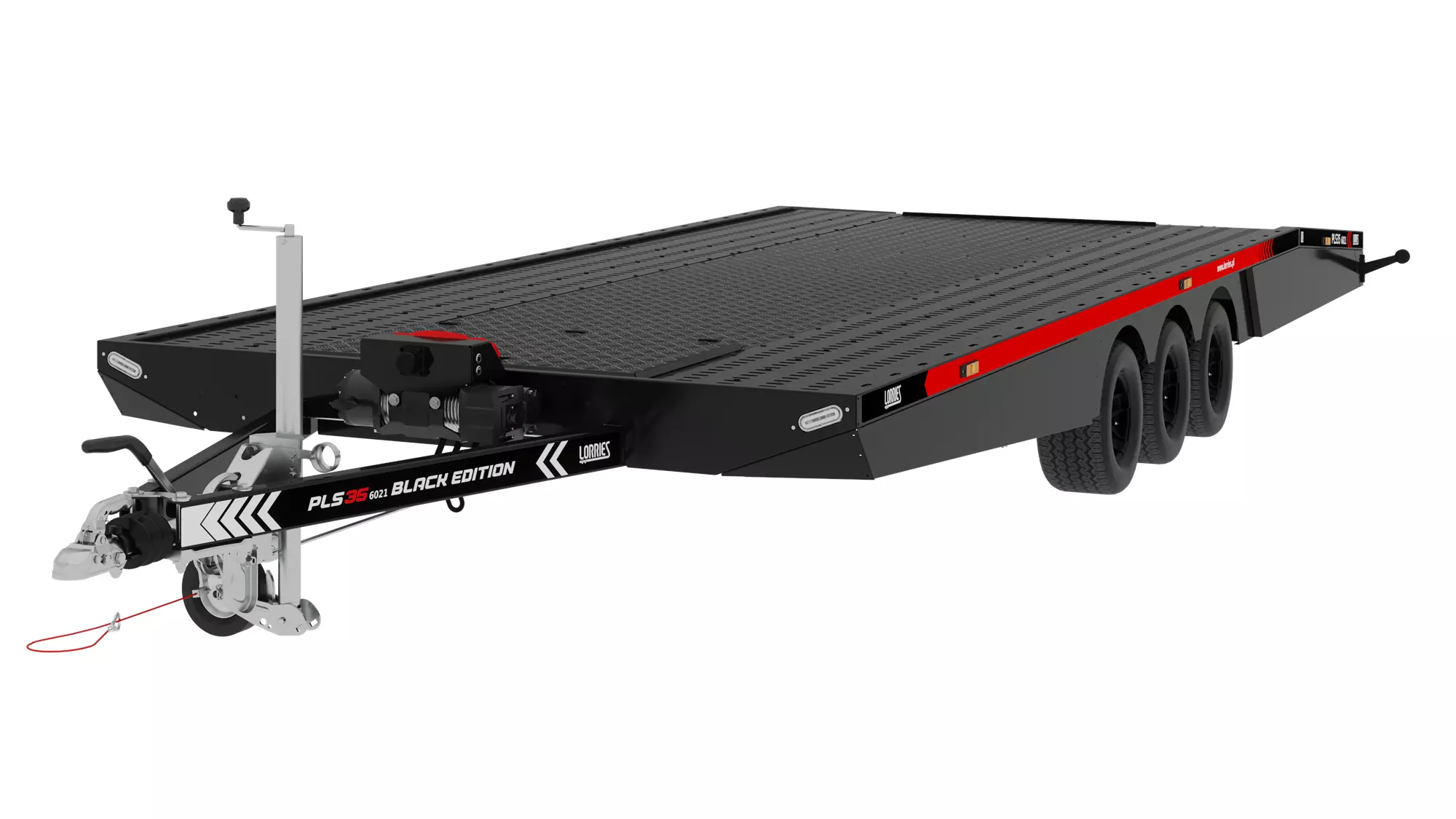Der PLS35-6021 ist ein schwarzer Pritschenwagen mit drei Rädern auf jeder Seite, einem strukturierten Deck, roten Akzenten und einer Anhängerkupplung - ideal als Pkw-Anhänger mit abgesenktem Heck zum einfachen Beladen von Fahrzeugen.