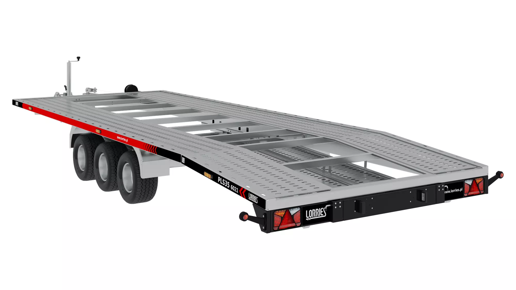 Laweta PLS35-6021 to trzyosiowy płaski transporter samochodowy z obniżonym tyłem, perforowaną metalową rampą i ramą oraz czerwono-białymi oznaczeniami odblaskowymi i tylnymi światłami.