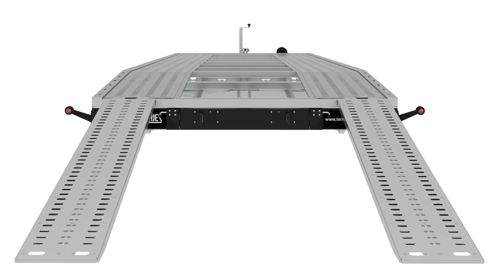 Laweta PLS35-6021 to metalowy podnośnik samochodowy z dwiema perforowanymi rampami i płaską platformą, zaprojektowany z obniżonym tyłem, pokazany z niskiego widoku z przodu na białym tle. Laweta PLS35-6021 to metalowy podnośnik samochodowy z dwiema perforowanymi rampami i płaską platformą, zaprojektowany z obniżonym tyłem, pokazany z niskiego widoku z przodu na białym tle.