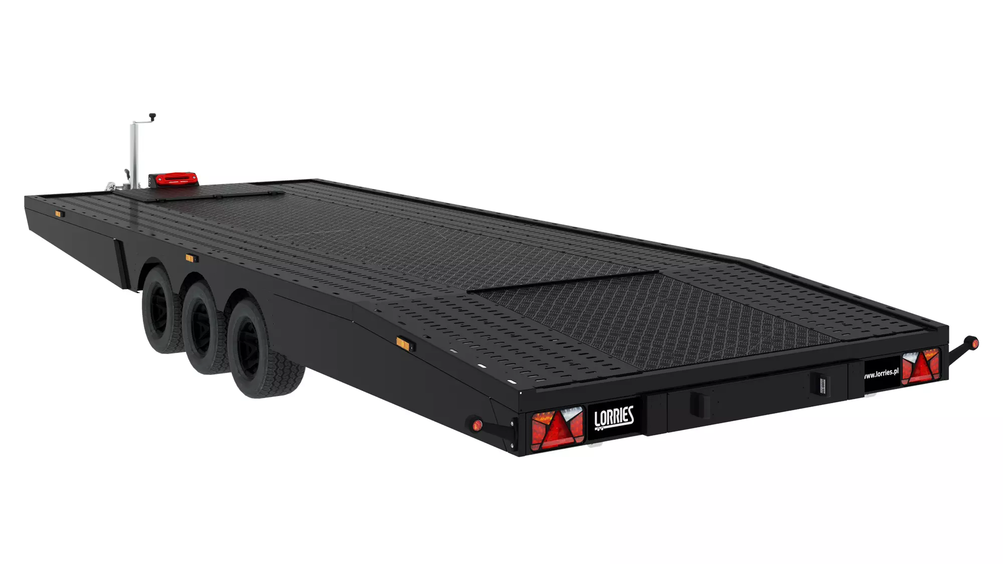 La remorque PLS35-6021 BLACK EDITION est une remorque automobile noire avec un plancher plat à motif en losange, trois essieux (six roues), des feux arrière et un petit compartiment de rangement à l'avant, présentée sur un fond blanc.
