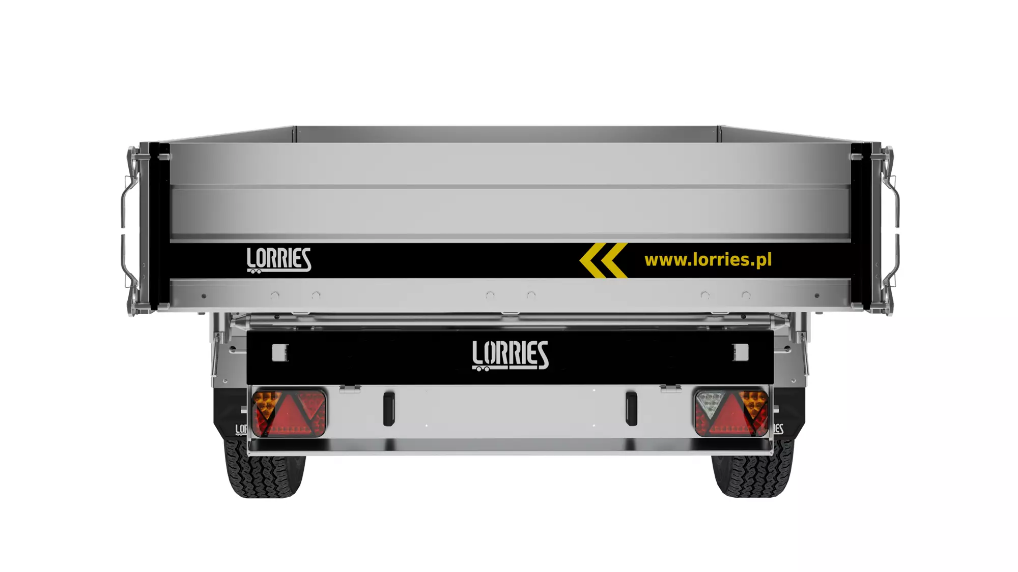 Rear view of the silver utility trailer Tipper Trailer PW27-3018 (KIPER) with Lorries logo, website, yellow chevron pattern on the rear panel and red triangular reflectors and tires visible at the bottom. Rear view of the silver utility trailer Tipper Trailer PW27-3018 (KIPER) with Lorries logo, website, yellow chevron pattern on the rear panel and red triangular reflectors and tires visible at the bottom.