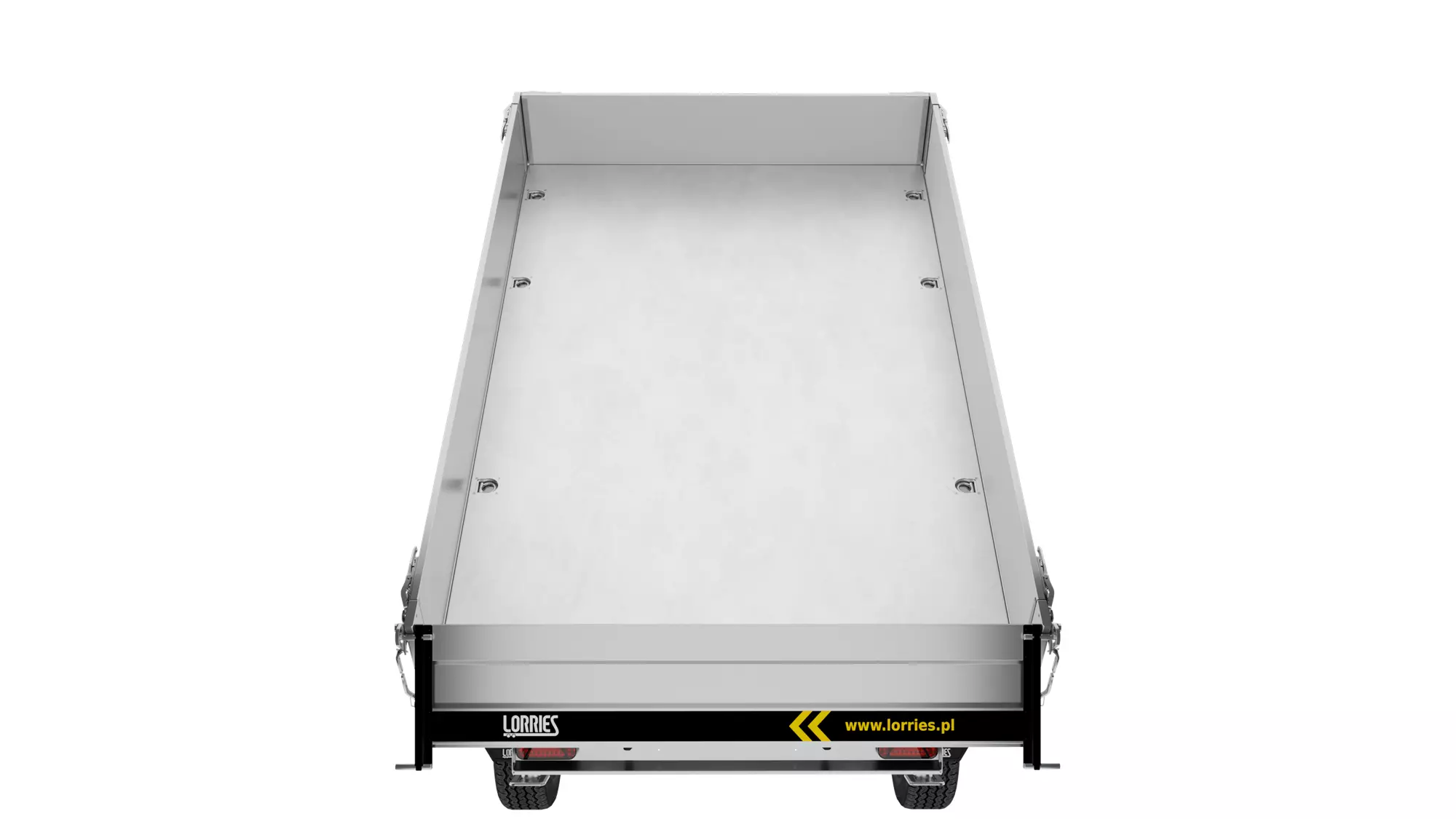 The PW27-3018 (KIPER) dump trailer is shown from the rear, with metal sides, empty cargo space, two wheels and a black rear bumper with yellow chevrons and website address. The PW27-3018 (KIPER) dump trailer is shown from the rear, with metal sides, empty cargo space, two wheels and a black rear bumper with yellow chevrons and website address.