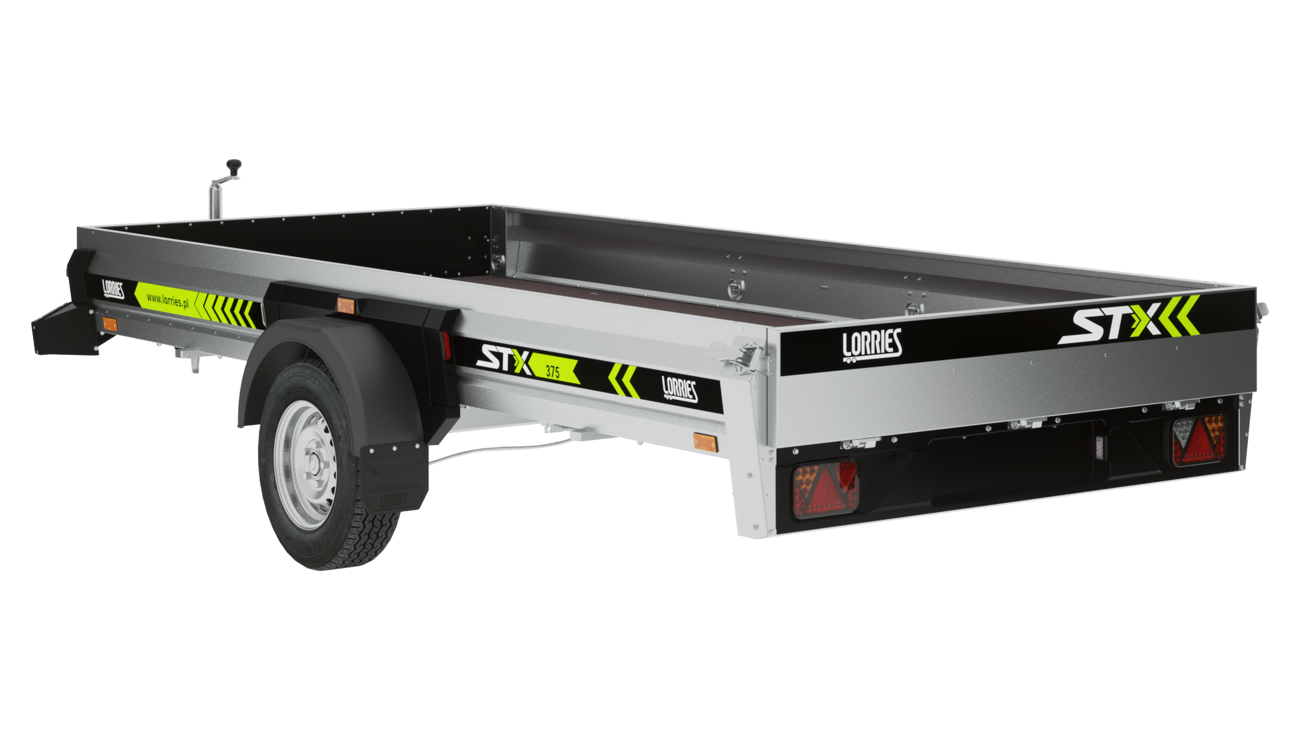 The silver-colored STX375o outboard trailer has black wheel fenders, a single axle, STX and LOARIS logos, yellow and green reflective stripes, and tail lights.