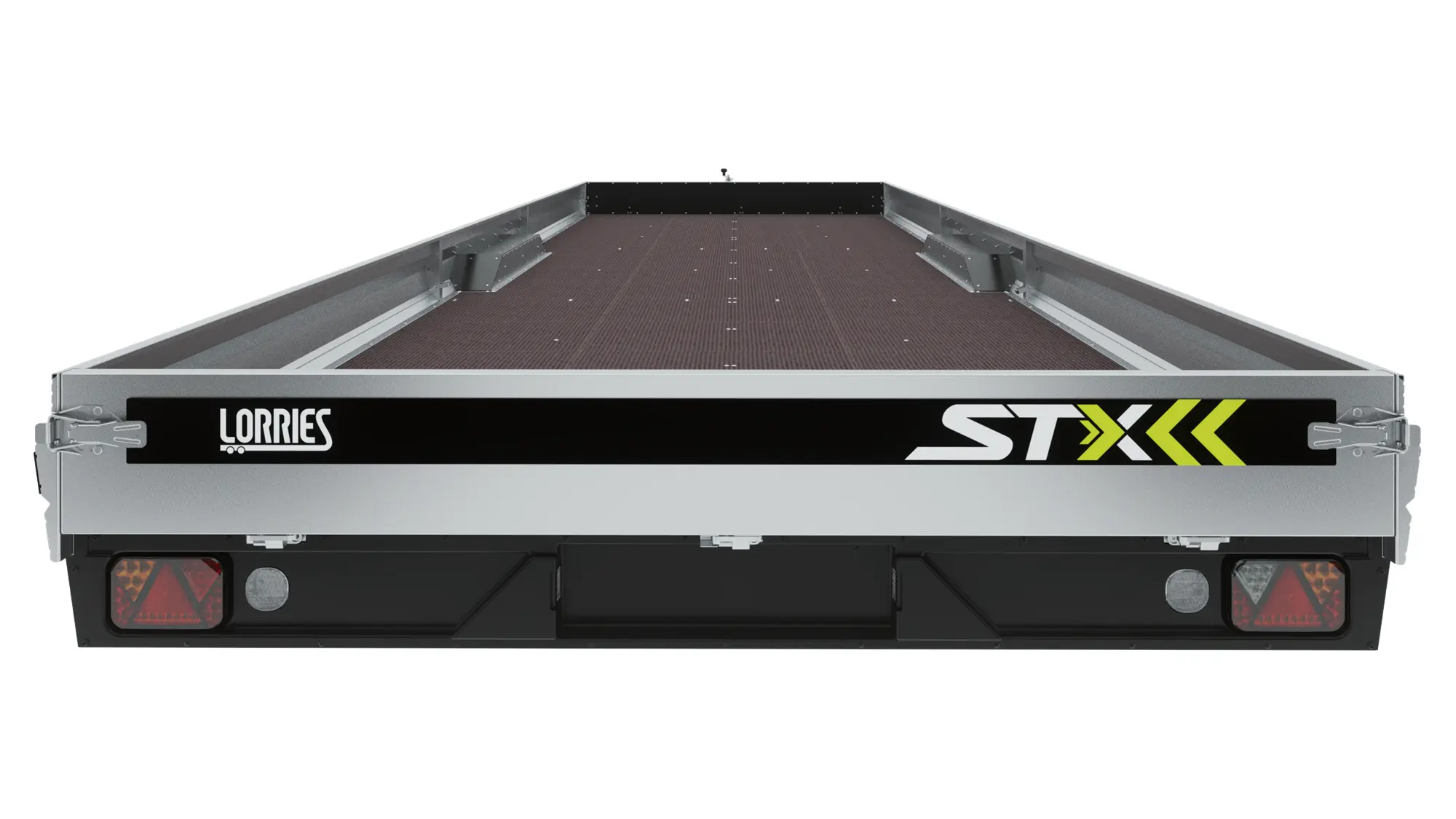 La remorque benne STX695I est présentée de l’arrière avec les logos Lorries et STX, un cadre en métal et une plate-forme antidérapante marron – idéale pour le transport de marchandises en toute sécurité. La remorque benne STX695I est présentée de l’arrière avec les logos Lorries et STX, un cadre en métal et une plate-forme antidérapante marron – idéale pour le transport de marchandises en toute sécurité.