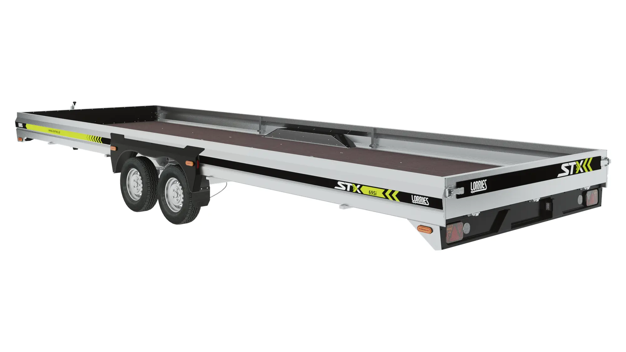 La remorque plateau STX695I est une remorque utilitaire plate à double essieu et quatre roues, avec un logo STX noir, blanc et jaune sur le côté et à l'arrière, et une spacieuse surface de chargement plate. La remorque plateau STX695I est une remorque utilitaire plate à double essieu et quatre roues, avec un logo STX noir, blanc et jaune sur le côté et à l'arrière, et une spacieuse surface de chargement plate.