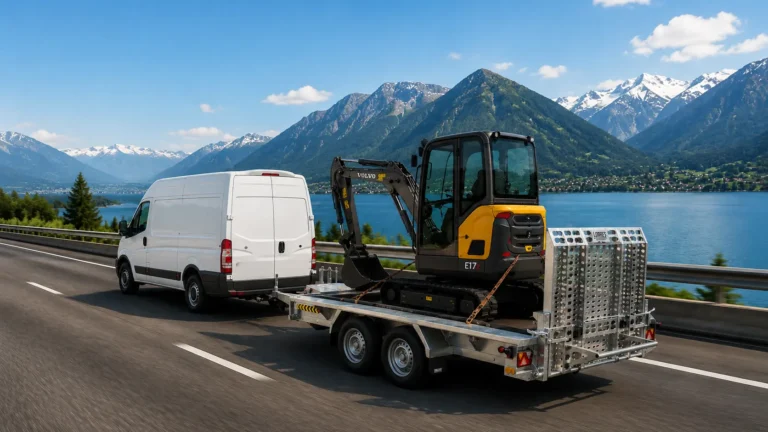 e-TOLL dla przyczep – samochód do 3,5 t z przyczepą Lorries. Biała furgonetka holuje przyczepę z małą koparką na autostradzie biegnącej wzdłuż jeziora, a w tle widać góry pod błękitnym niebem usianym chmurami — co doskonale ilustruje, w jaki sposób usługa e-TOLL dla przyczep usprawnia podróż osobom przewożącym sprzęt malowniczymi trasami.